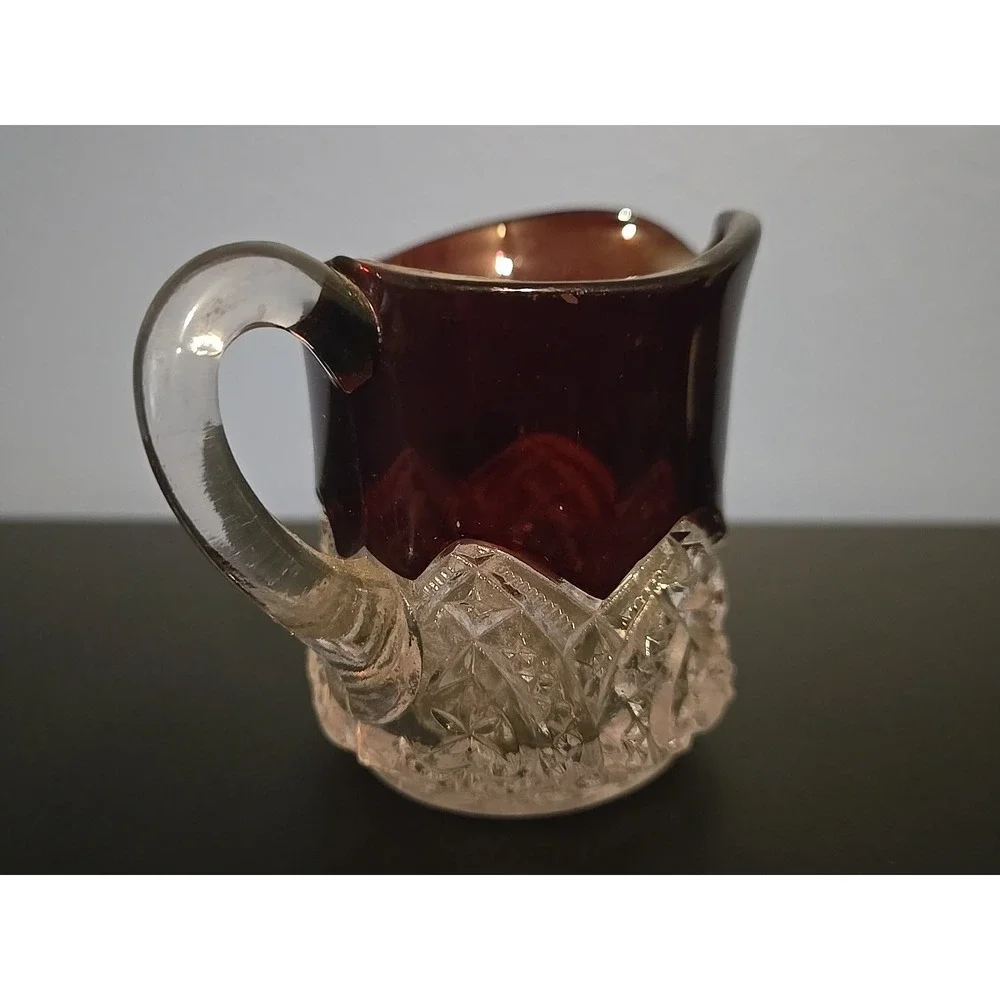 ANTIQUE EAPG GLASS CREAMER‎ RUBY DIAMOND FLASH RED TOP 2.5